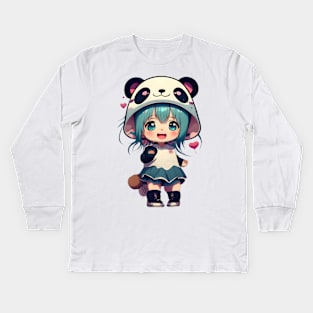 Anime Girl with Panda Hat Kids Long Sleeve T-Shirt